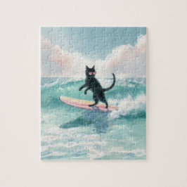 Svart katt med vit vattenfärg, surfingpussel pussel
