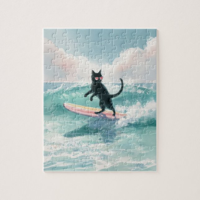 Svart katt med vit vattenfärg, surfingpussel pussel (Vertikal)