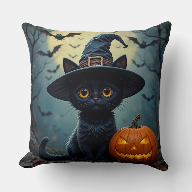 Svart katt med Witch Hat Kudde (Framsida)
