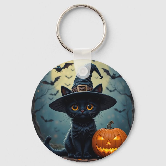 Svart katt med Witch Hat Nyckelring (Framsida)