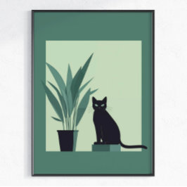 Svart Katt Minimalistisk Väggkonst Modern Grön Bot