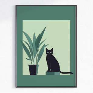 Svart Katt Minimalistisk Väggkonst Modern Grön Bot