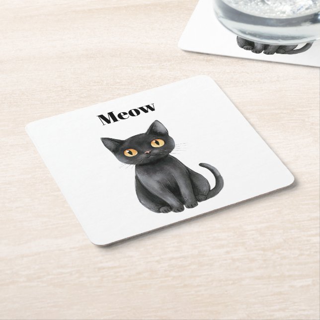 Svart Katt Mjao   Underlägg Papper Kvadrat (Vinklad)