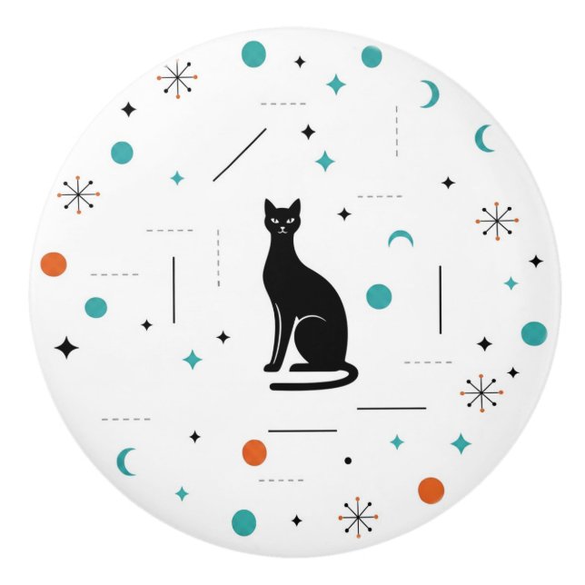 Svart Katt Modern Mid Century Retro Atom- Knopp (Framsidan)