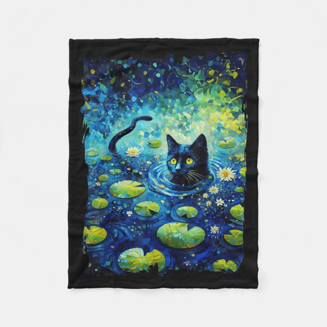 Svart Katt Monets Katt Näckros Fleecefilt (Framsidan)