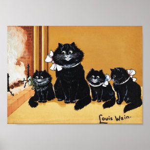 Svart katt mor och barn, Louis Wain Poster
