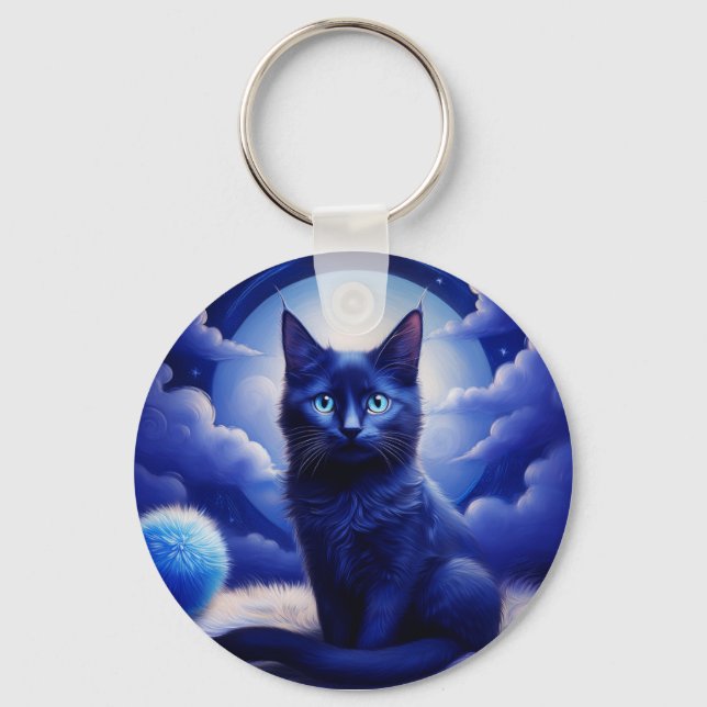 Svart katt mot bakgrund av en blå Måne Nyckelring (Framsida)