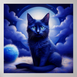 Svart katt mot bakgrund av en blå Måne Poster