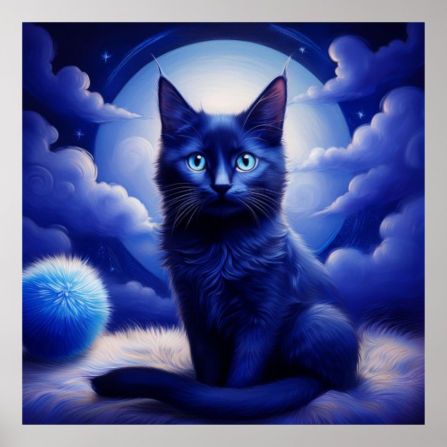 Svart katt mot bakgrund av en blå Måne Poster (Framsidan)