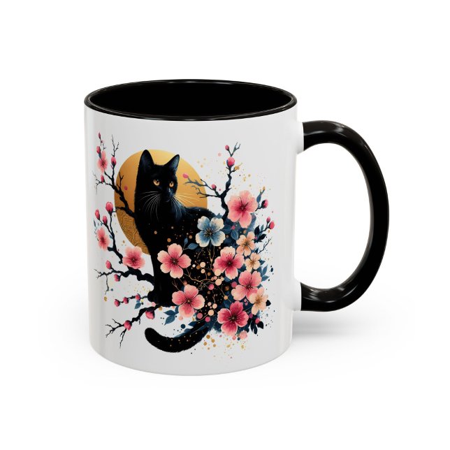 Svart Katt Mugg Körsbärsblom Floral Present (Skapare uppladdad)