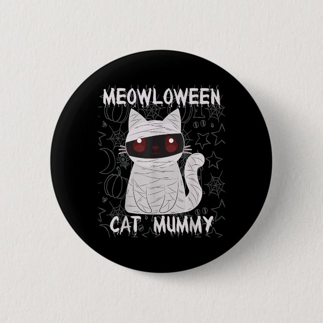 Svart Katt Mummy Halloween Knapp (Framsida)