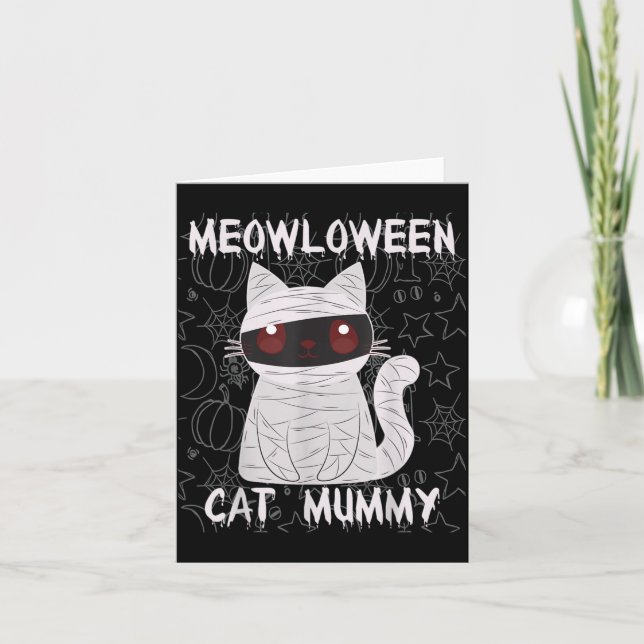Svart Katt Mummy Halloween Kort (Framsida)