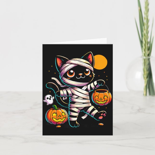 Svart Katt Mummy Halloween Pumpa Kort (Framsida)