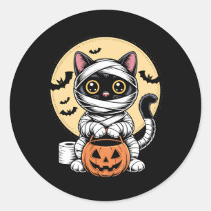 Svart Katt Mummy Män Kvinnor Barn Halloween Roligt Runt Klistermärke