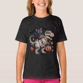 Svart katt & Mummy T-Rex Halloween Åktur T Shirt
