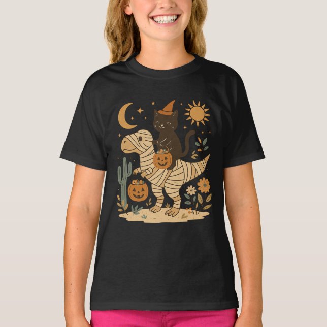 Svart katt & Mummy T-Rex Halloween Åktur T Shirt (Framsida)