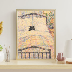 Svart Katt Mysig Säng Illustration Poster