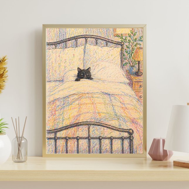 Svart Katt Mysig Säng Illustration Poster (Skapare uppladdad)
