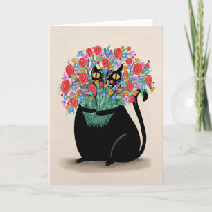 Svart katt och blommor tack kort