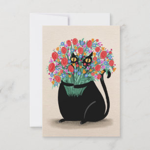 Svart katt och blommor tack kort