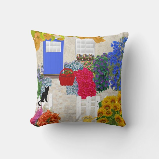 Svart katt och blomsterträdgårdsdyna kudde (Framsida)