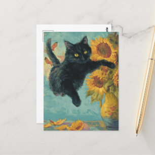 Svart katt och en Vas av solblommor Vykort