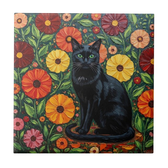 Svart katt och färgrik folkkonst blommor kakelplatta (Framsidan)