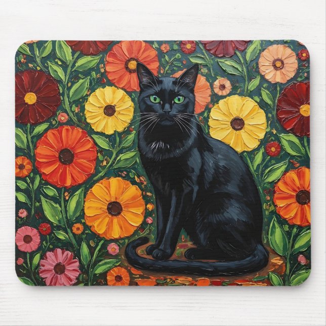Svart katt och färgrik folkkonst blommor musmatta (Framsidan)