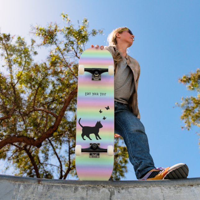 Svart katt och fjäril på regnbåge mini skateboard bräda 18,5 cm (Utomhus 1)