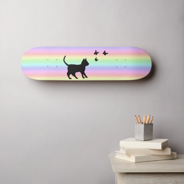Svart katt och fjäril på regnbåge mini skateboard bräda 18,5 cm (Väggkonst (Horz))
