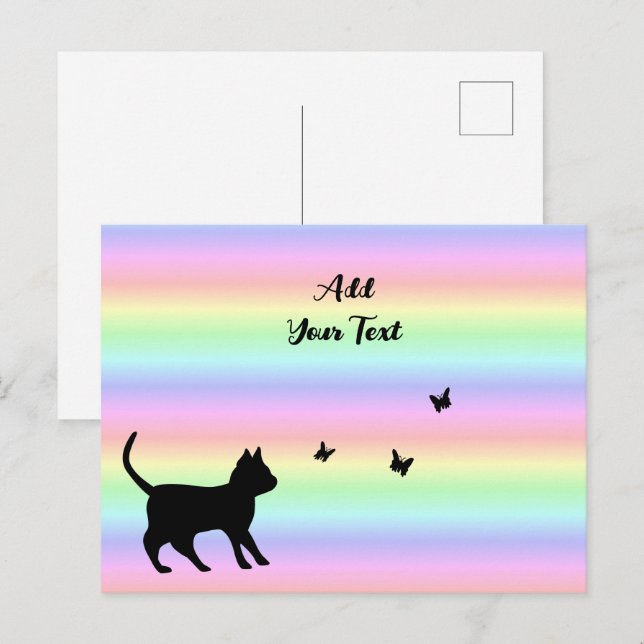 Svart katt och fjäril på regnbåge vykort (Fram/baksida)