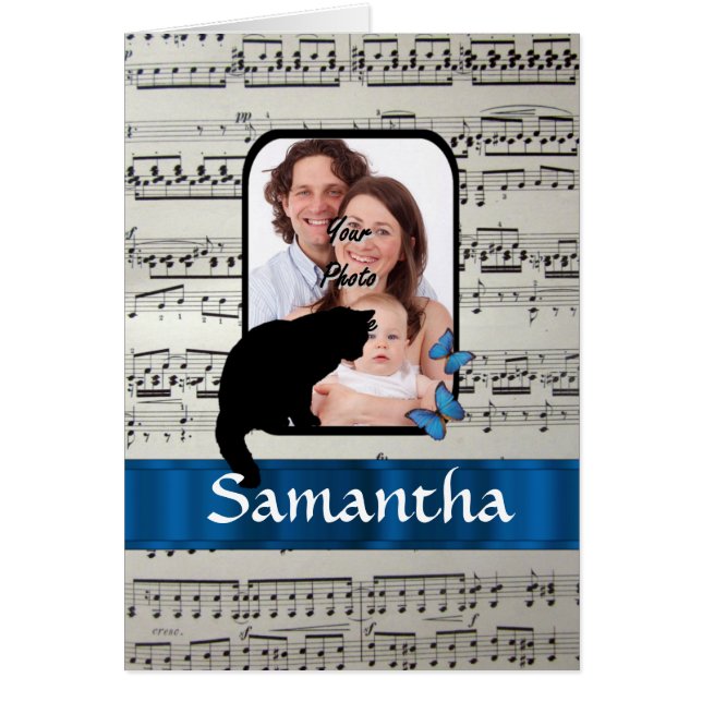 Svart katt och fjärilar hälsningskort (Framsidan)