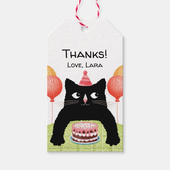 Svart katt och födelsedagskalas tack presentetikett (Framsidan)