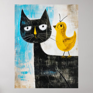 Svart katt och gul fågel – Whimsical modern konst Poster