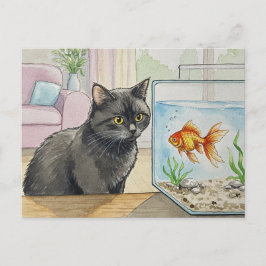 Svart katt och guldfisk vykort