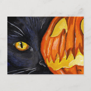 Svart Katt- och Halloween-Pumpkin-målning Vykort