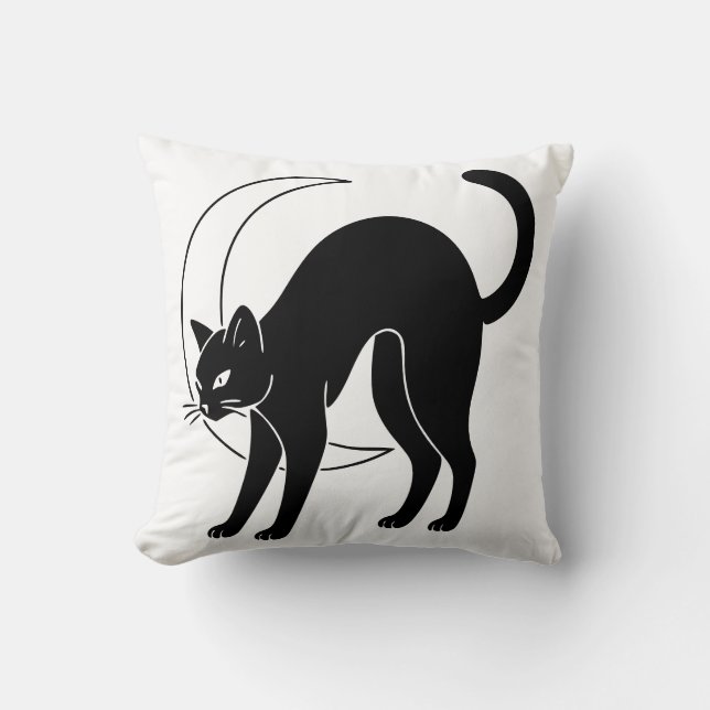 Svart katt och halvmåne Linjekonst Kudde (Framsida)