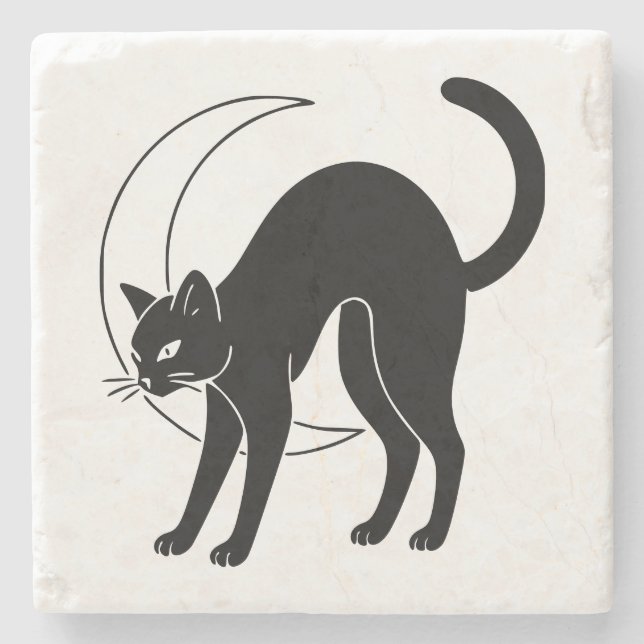 Svart katt och halvmåne Linjekonst Stenunderlägg (Framsidan)