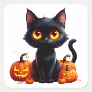 Svart katt och handskklädda pumpor fyrkantigt klistermärke