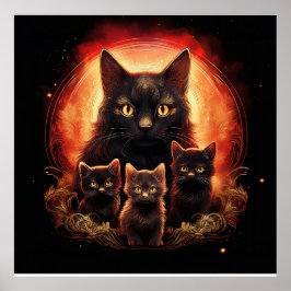 Svart Katt Och Hennes Tre Katter Poster