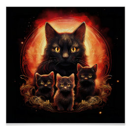 Svart katt och hennes tre kattungar perfect poster