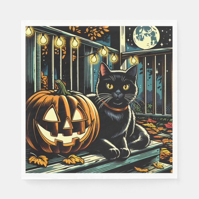 Svart katt och Jack-O-Lantern Halloween Pappersservett (Framsidan)