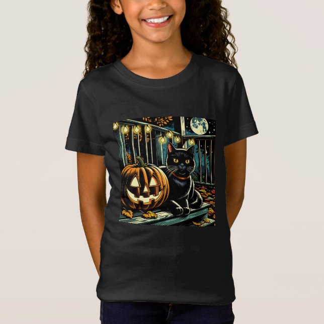 Svart katt och Jack-O-Lantern Halloween T Shirt (Framsida)