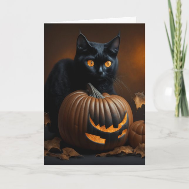 Svart katt och Jack-O-Lantern Helgkort (Framsida)