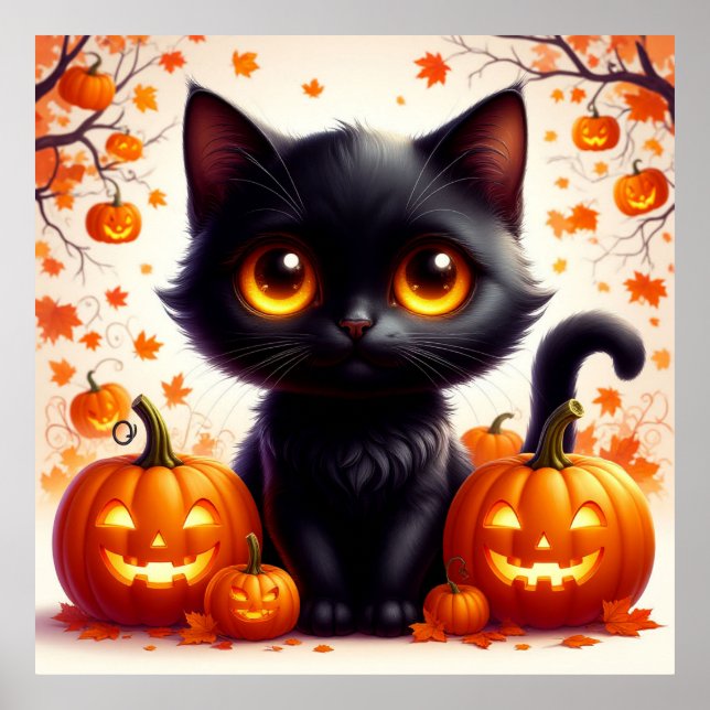 Svart katt och Jack O Lantern höstdekor 🍂 Poster (Framsidan)