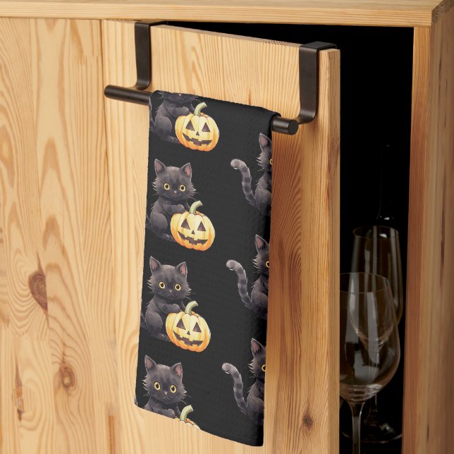 Svart katt och Jack-O' Lantern-mönster Halloween Kökshandduk (Thirds Fold)