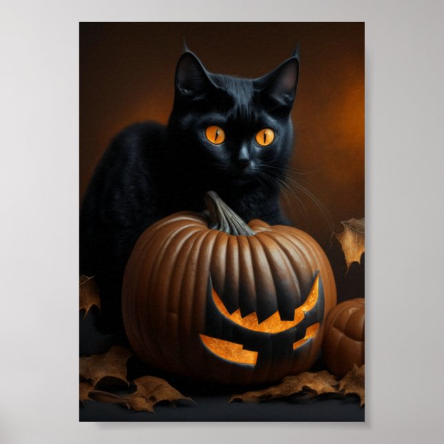 Svart katt och Jack-O-Lantern Poster (Framsidan)