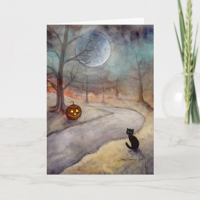 Svart katt och Jack-o-Lykt Fantasykonst Kort (Framsida)