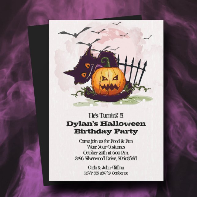Svart katt och Jack o'Lantern Halloween Inbjudningar (Black Cat and Jack o' Lantern Halloween Birthday Invitations - INSTANT DOWNLOAD and/or PRINTED)