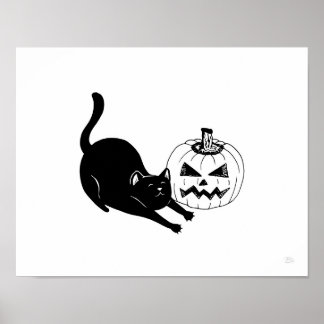 Svart Katt- och Jackolantern Halloween-utskrift Poster